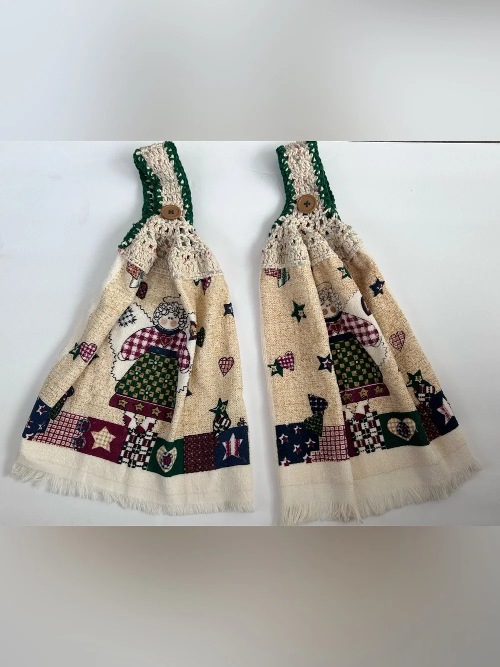 Vintage Handmade Crotchet Top Hanging Kitchen Towels Set of 2